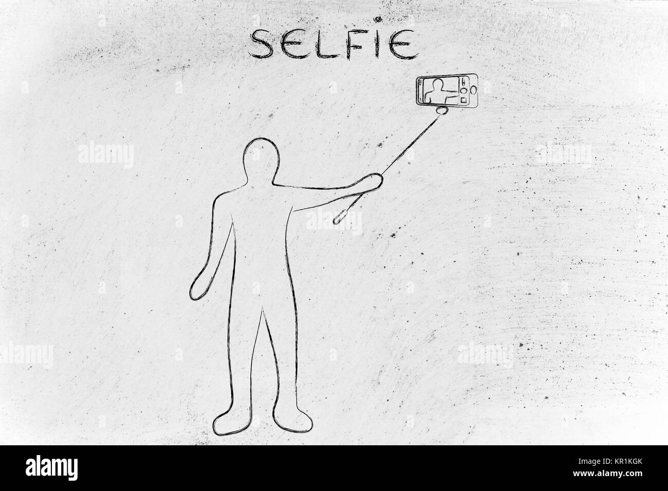 person taking a photo with smartphone on a stick, with text Selfie Stock Photo
