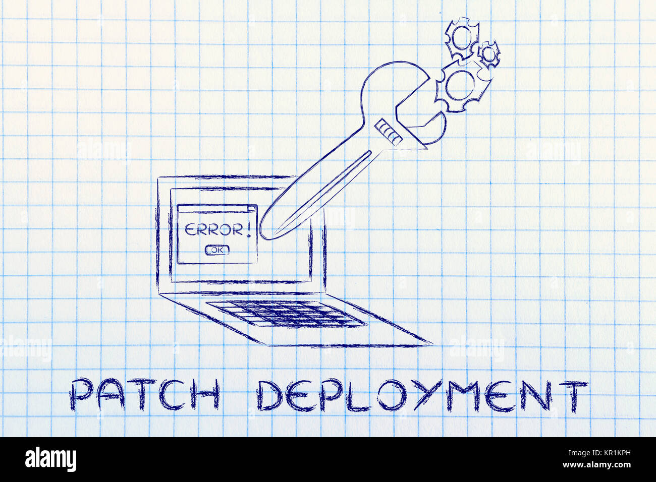 patch deployment: oversized wrench repairing a computer Stock Photo - Alamy