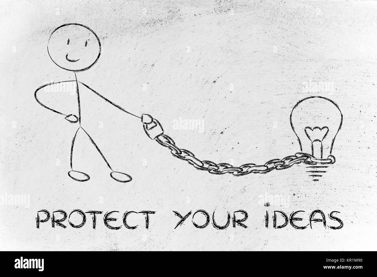 funny copyright owner man with his idea on a chained leash protecting