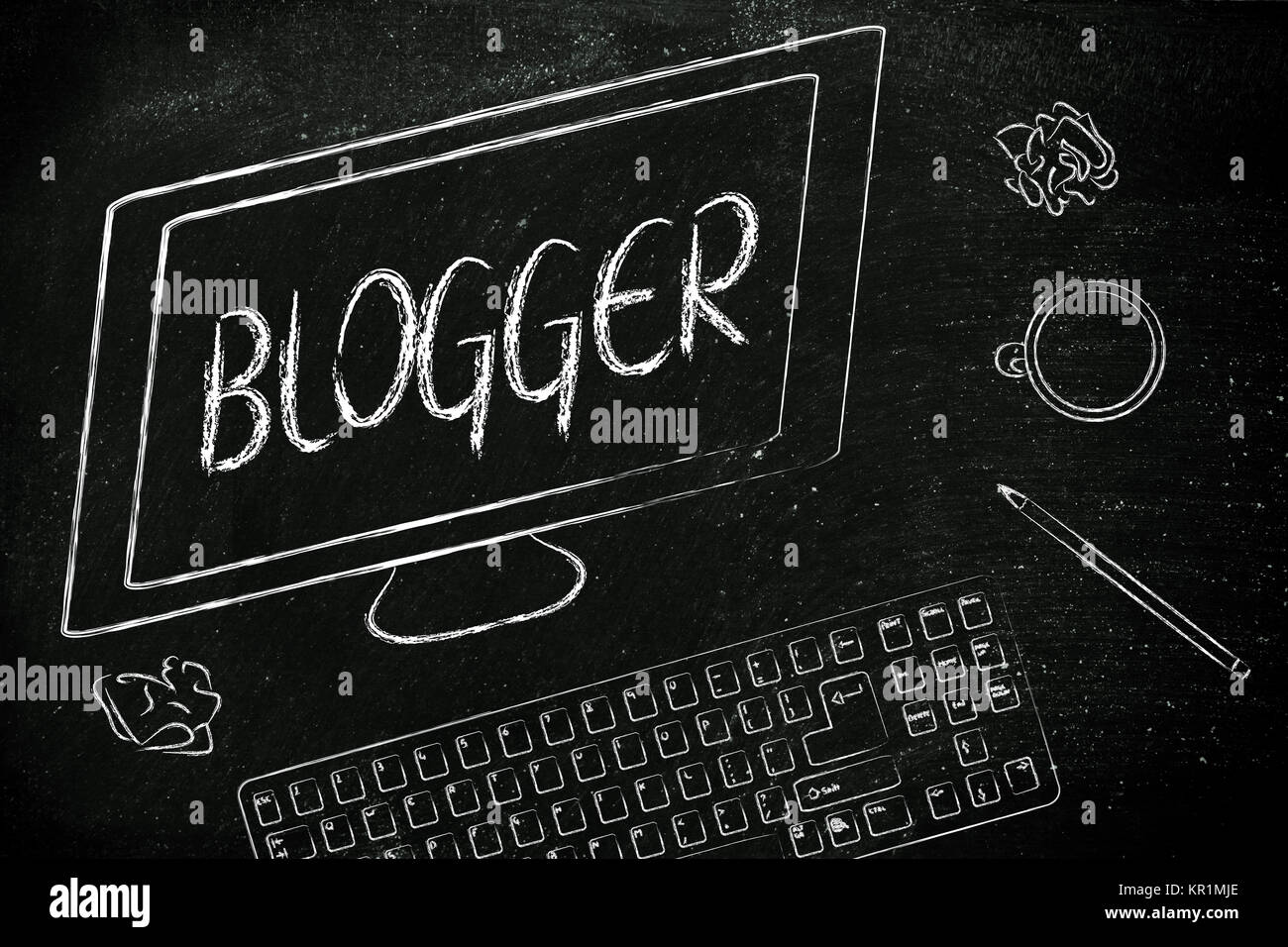 Blogger text on computer screen, desk with keyboard and coffee Stock ...