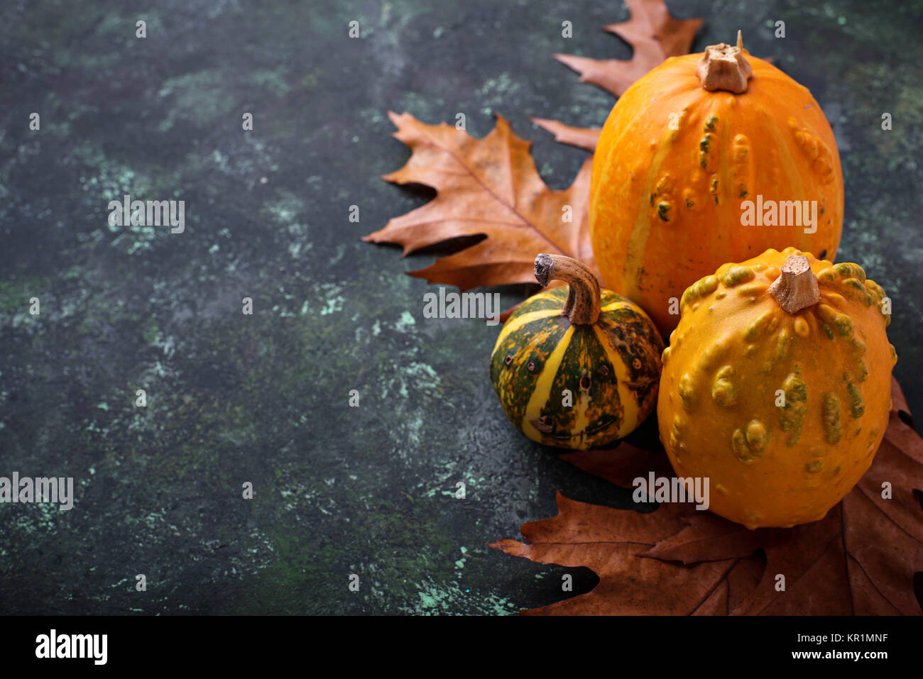 Autumn background with pumpkins and dried leaves Stock Photo - Alamy