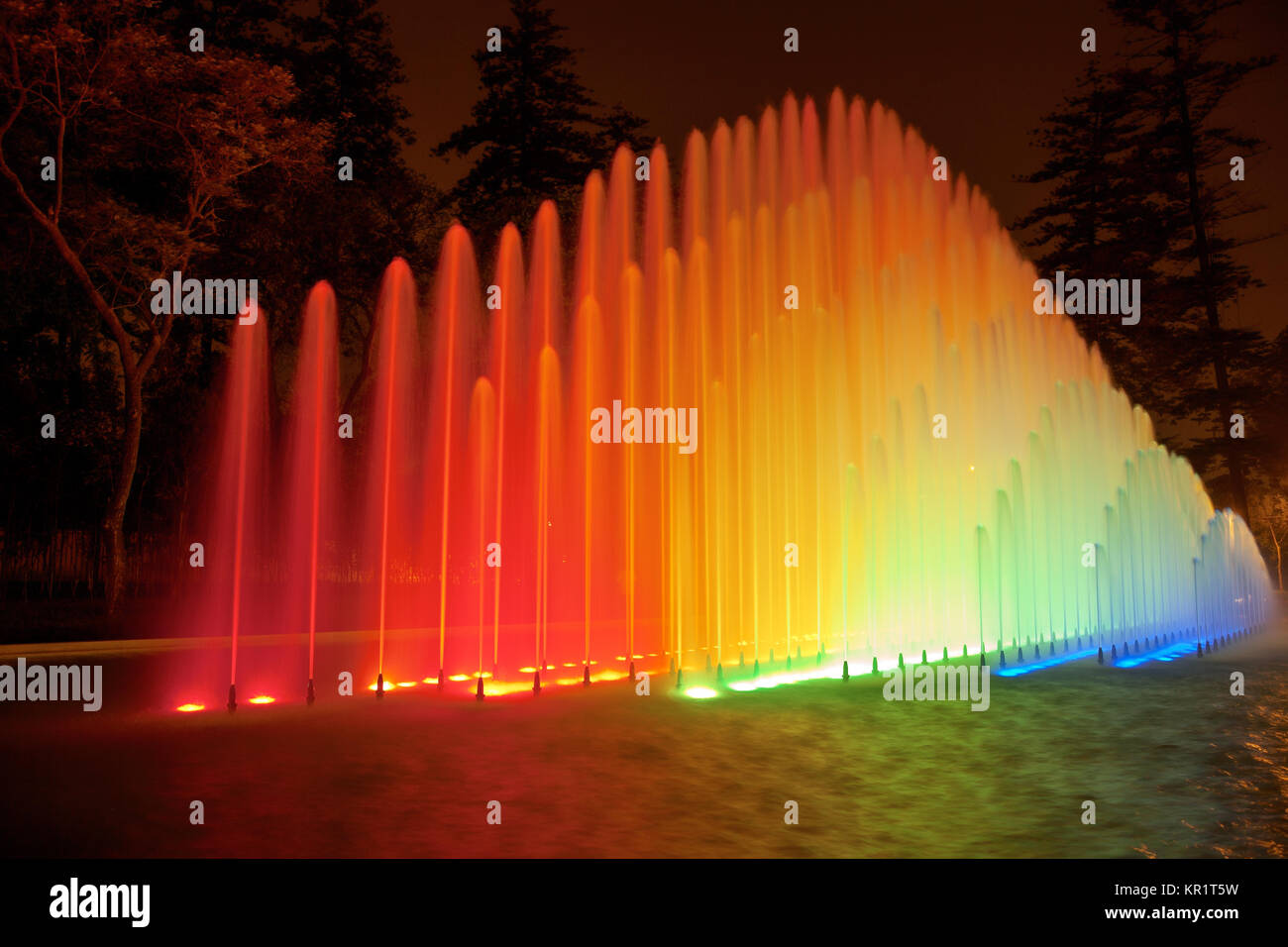 Beautiful colorful fountain at night in Park of the Reserve, Lima, Peru ...