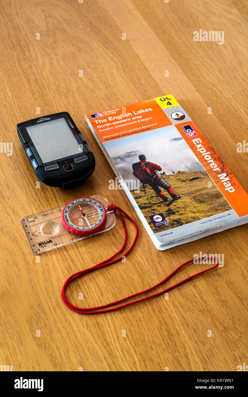 Ordnance survey map, compass & gps, route adventure planning. Stock Photo