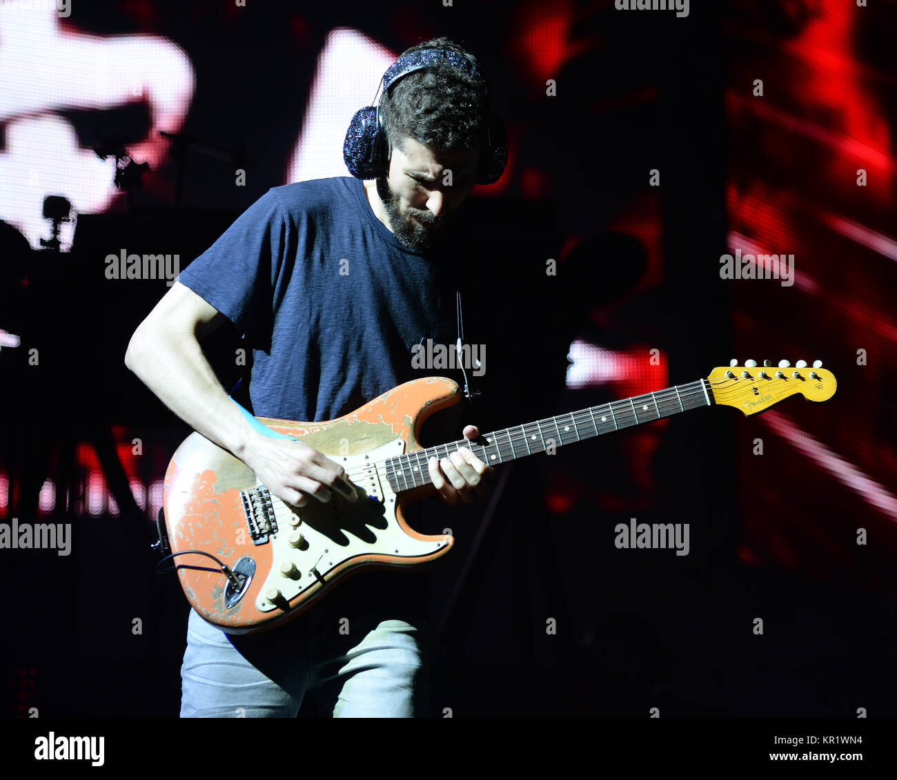 WEST PALM BEACH - AUGUST 8:  Brad Delson of Linkin Park perform at the Cruzan Amphitheatre on August 8, 2014 in West Palm Beach, Florida  People:  Brad Delson Stock Photo