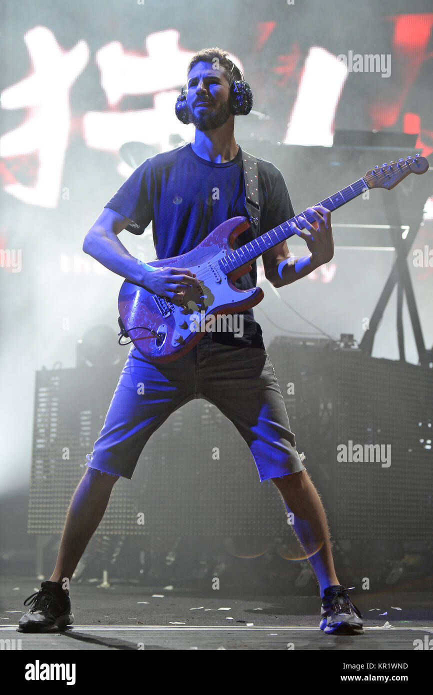WEST PALM BEACH - AUGUST 8:  Brad Delson of Linkin Park perform at the Cruzan Amphitheatre on August 8, 2014 in West Palm Beach, Florida  People:  Brad Delson Stock Photo