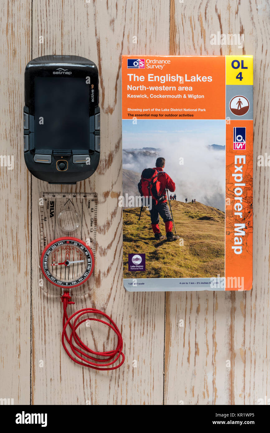 Ordnance survey map, compass & gps, route adventure planning. Stock Photo