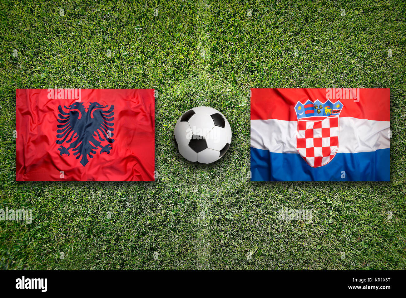 Albania vs. Croatia flags on soccer field Stock Photo Alamy