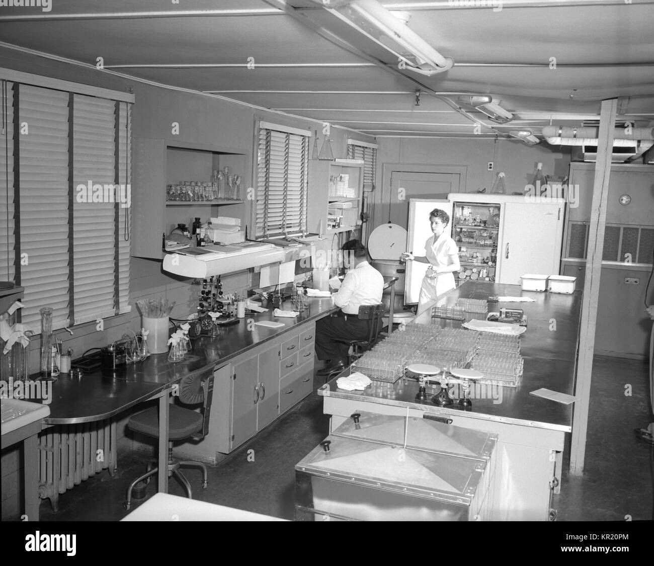 This photograph depicts two technicians at work in a laboratory setting