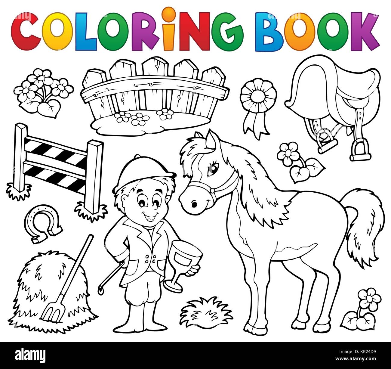 Coloring book jockey and horse thematics Stock Photo - Alamy