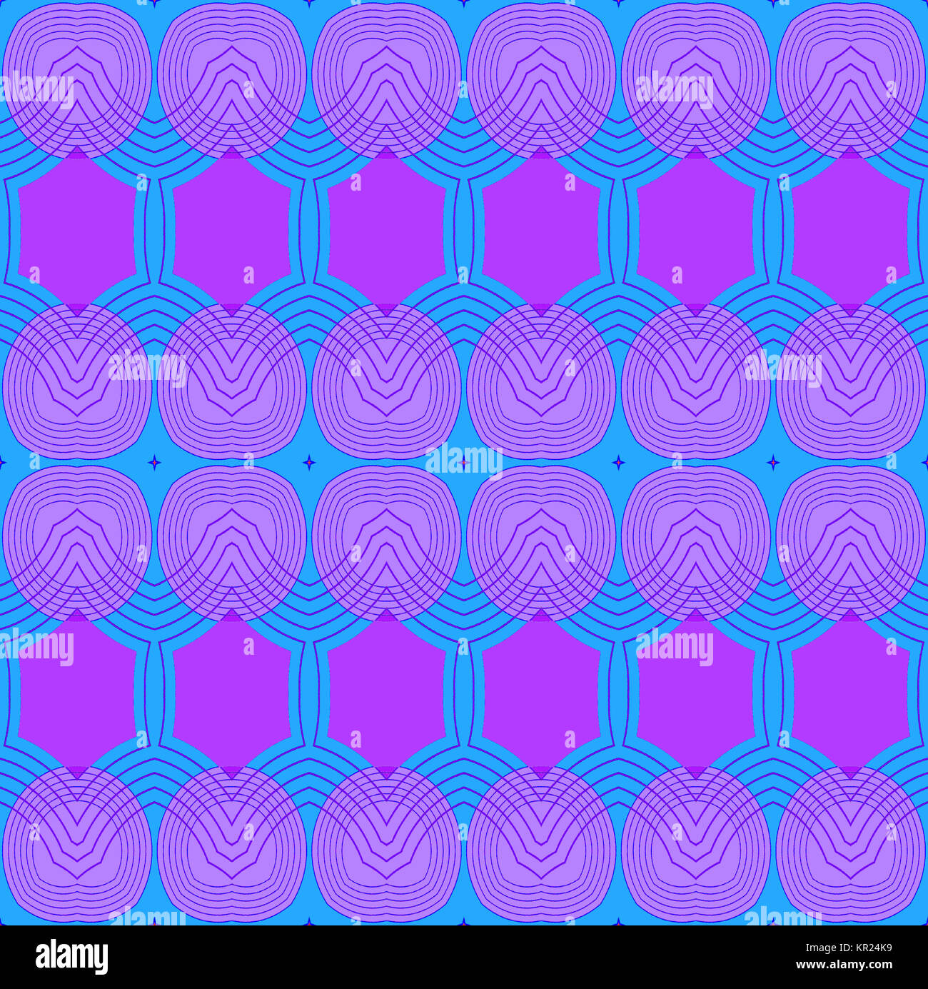 Abstract geometric seamless retro background. Seamless ellipses and hexagon pattern in violet shades and light blue with purple outlines. Stock Photo