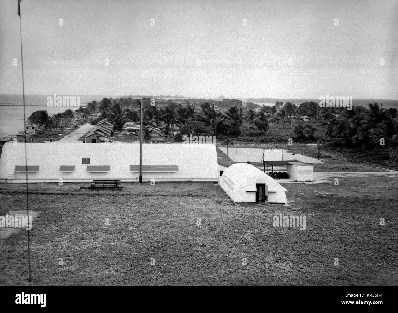 LORAN Station on Kwajalein Island, in the 14th CG District of Republic of the Marshall Islands (RMI). Loran stands for LOng RANge navigation, and is a long distance radio-navigation land station that transmits synchronized radio wave pulses, 1954. Image courtesy CDC. Stock Photo
