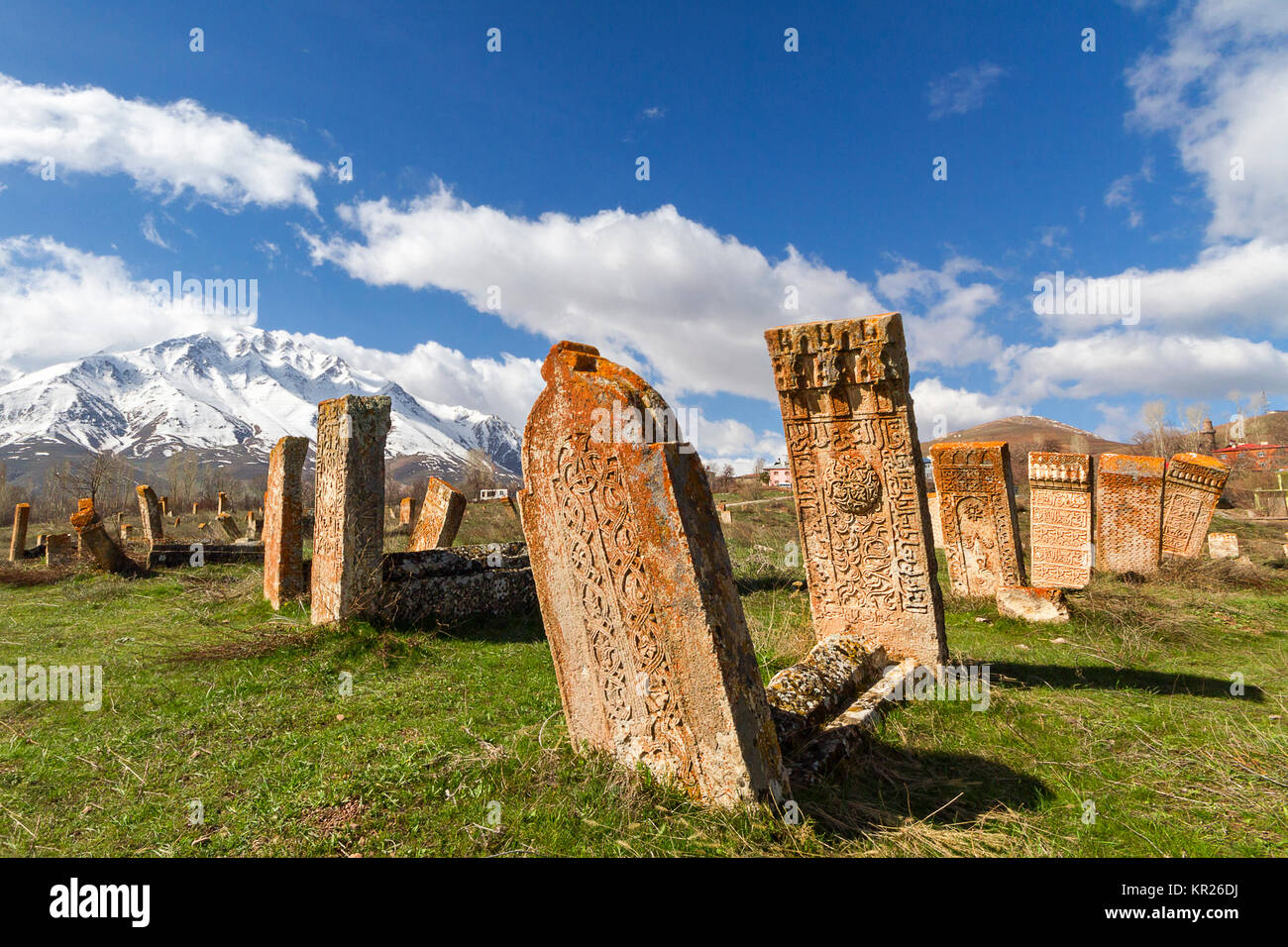 Headstones and ruins of ancient cemetery by Seljuk Turks in Gevas, Van, Turkey. Stock Photo