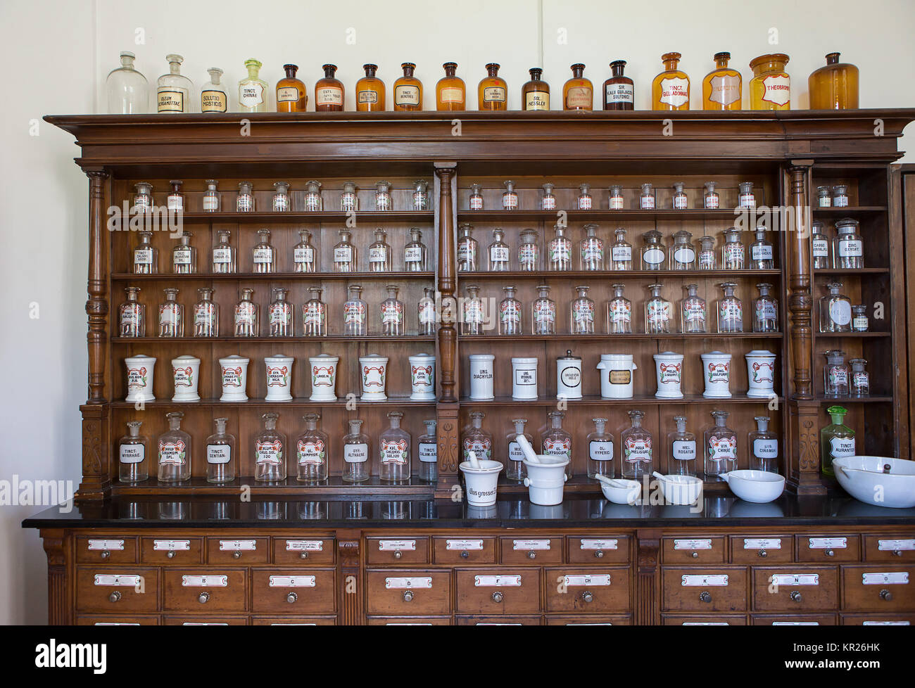 Empty bottles in old vintage pharmacy Stock Photo