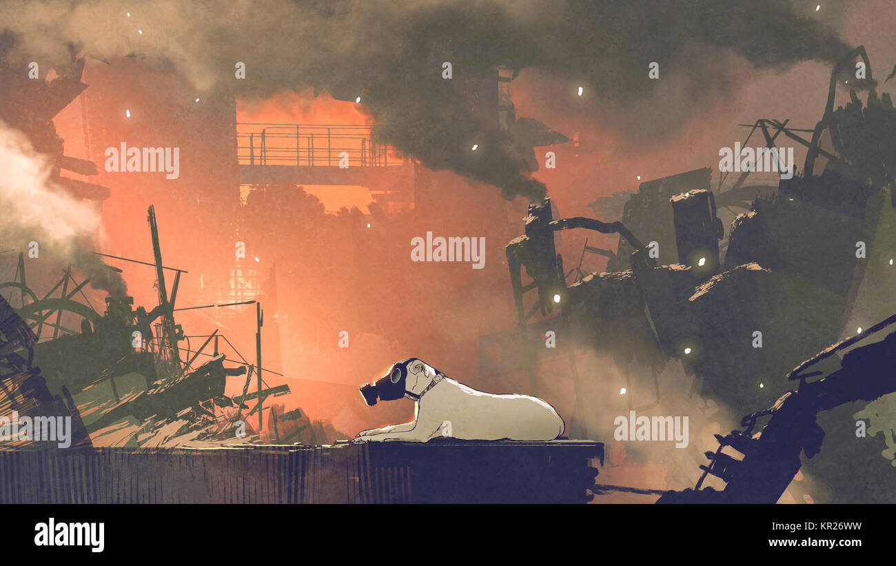 the dog wearing gas mask sitting in city with air pollution, digital art style, illustration painting Stock Photo