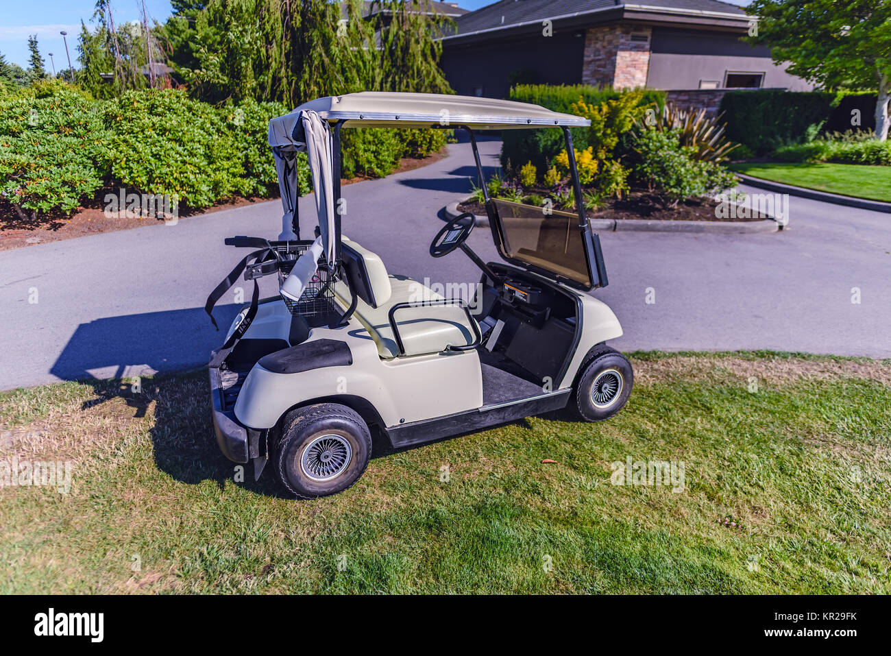 white electric golf cart standing on the grass. Green trees and bushes in the background, blue sky and clouds Stock Photo