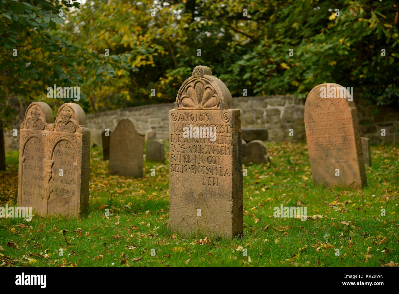 Gravestones, cemetery Dorfkirche Stiepel, Brockhauser street, Stiepel, Bochum, North Rhine-Westphalia, Germany, Grabsteine, Friedhof Dorfkirche Stiepe Stock Photo