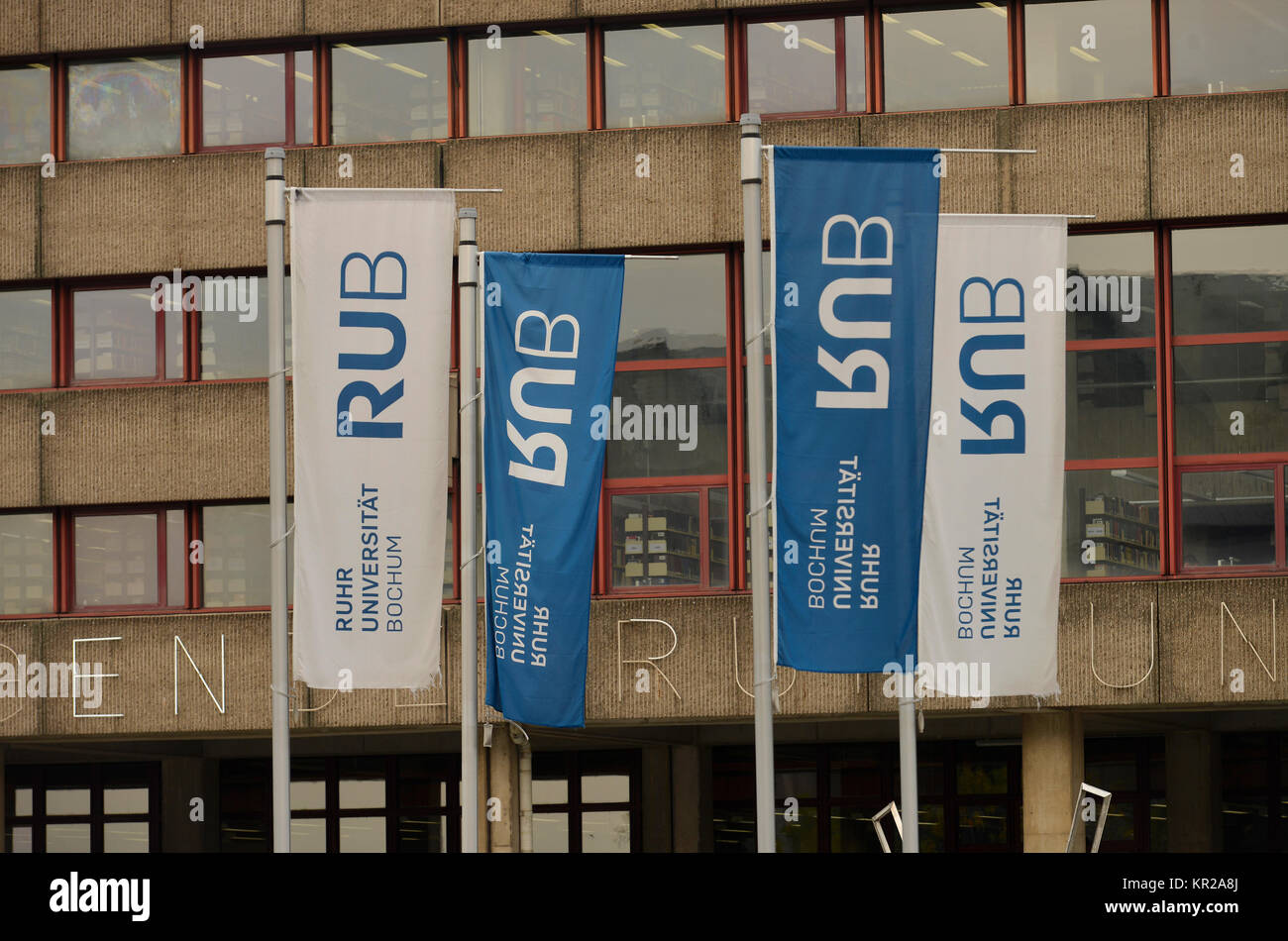 Flags, forum, Ruhr university, Bochum, North Rhine-Westphalia, Germany, Fahnen, Forum, Ruhr-Universitaet, Nordrhein-Westfalen, Deutschland Stock Photo