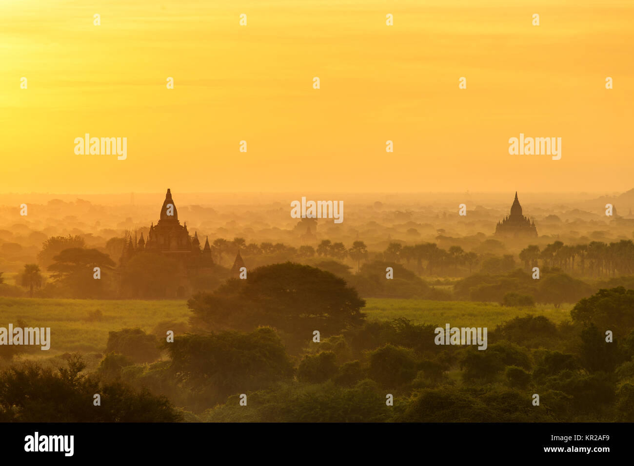 Beautiful sunrise over the ancient pagodas in Bagan, Myanmar Stock Photo