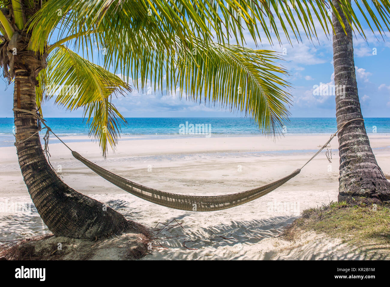 Empty hammock between palm trees on tropical beach in Thailand Stock Photo