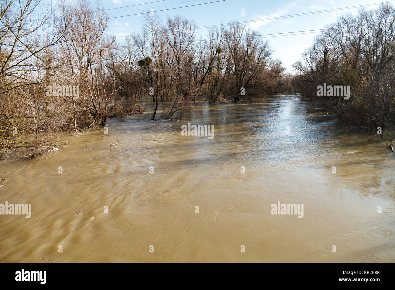 River Bank Raining The river after the downpours came out of the banks. Flooding of river ...