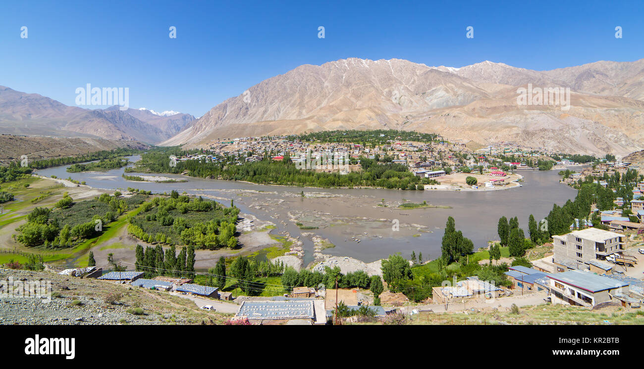 Top view of Indus river and Kargil City valley in Ladakh, Jammu and Kashmir, India. Big panorama Stock Photo