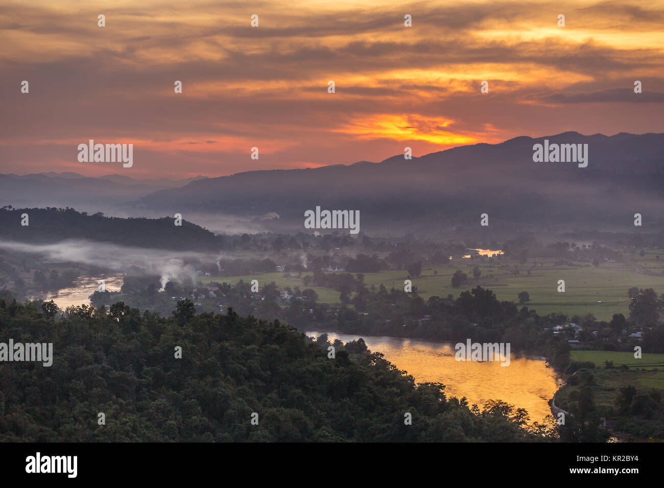 Beautiful sunset over the Hsipaw valley from the 'Sunset Hill' in Myanmar Stock Photo