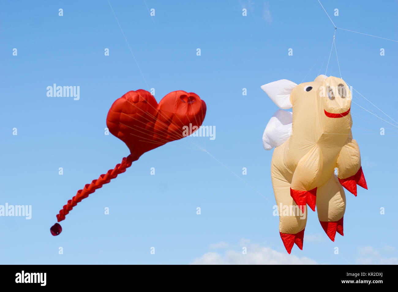 Flying pig, kite flying followed by big red heart Stock Photo Alamy