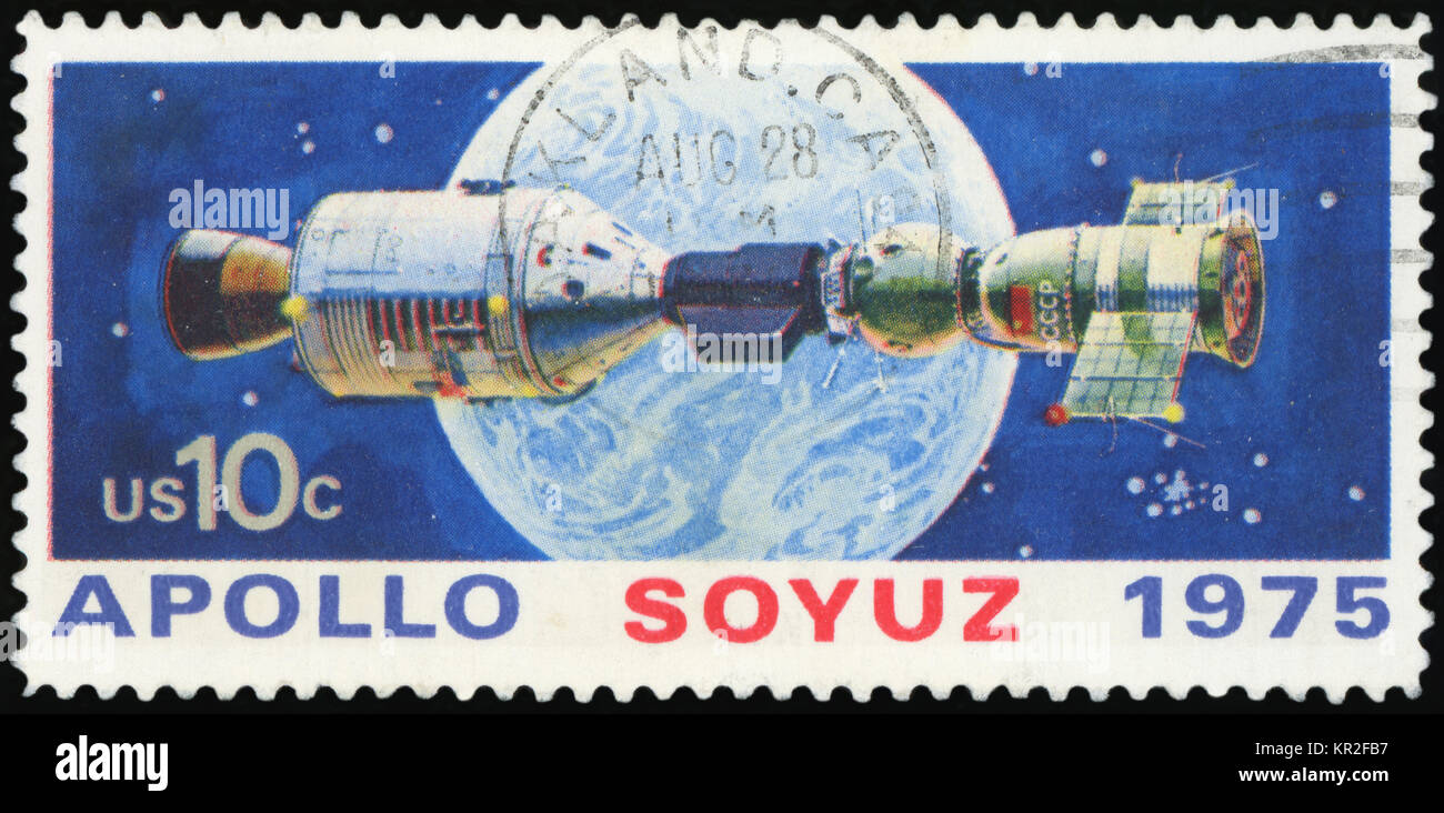 UNITED STATES - CIRCA 1975: A stamp printed in USA shows space satellite, apollo soyuz, circa 1975 Stock Photo