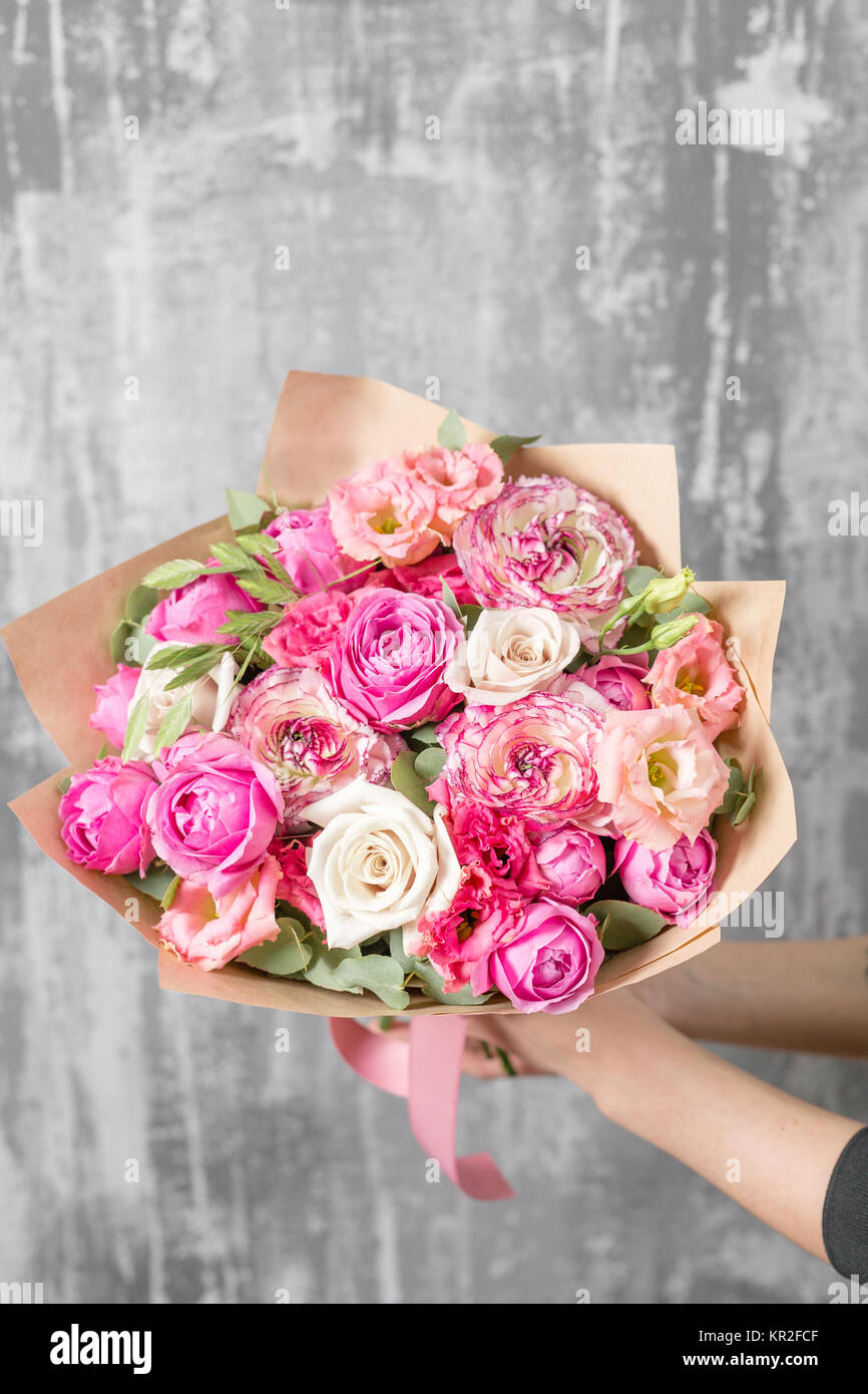 Beautiful Luxury Bouquet Of Mixed Flowers In Woman Hand The Work Of The Florist At A Flower Shop Stock Photo Alamy