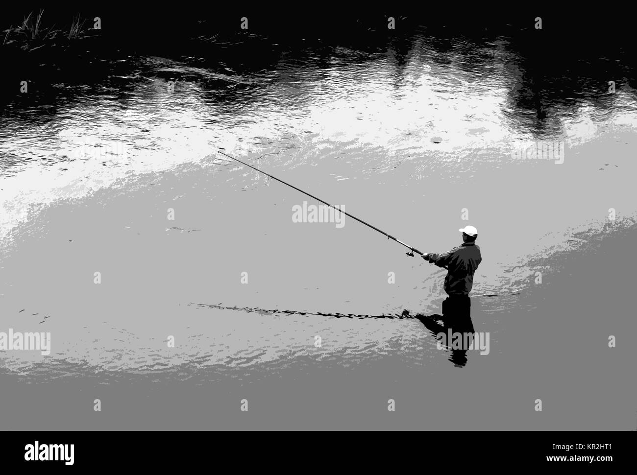 Horizontal black and white fisherman illustraction Stock Photo