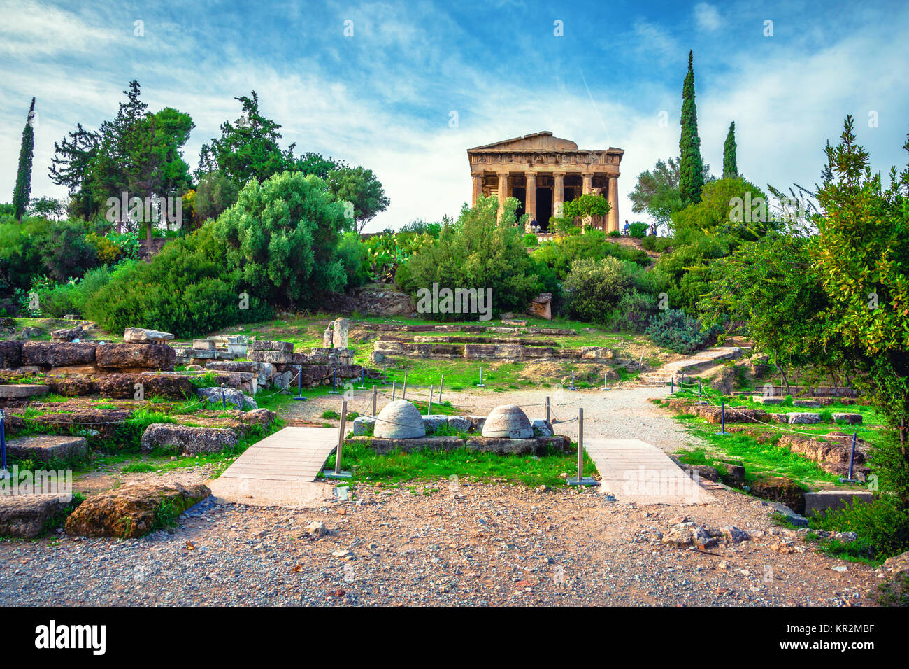 The Temple of Hephaestus in ancient market (agora) under the rock of Acropolis, Athens, Greece. Stock Photo