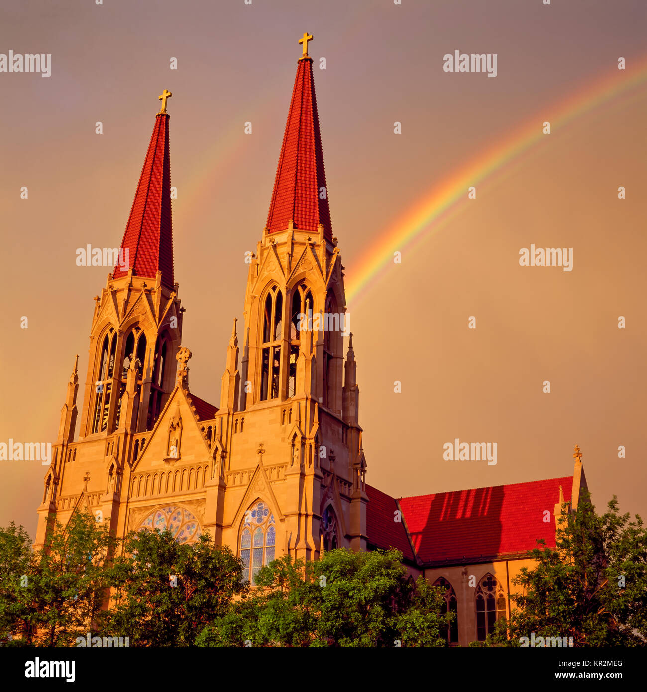 rainbow over the cathedral of saint helena in helena, montana Stock