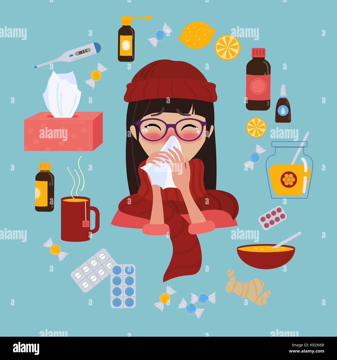 Young girl in glasses and red hat caught cold flu or virus. She has red nose, high temperature and holds handkerchief. Ways to treat illness in a circ Stock Vector