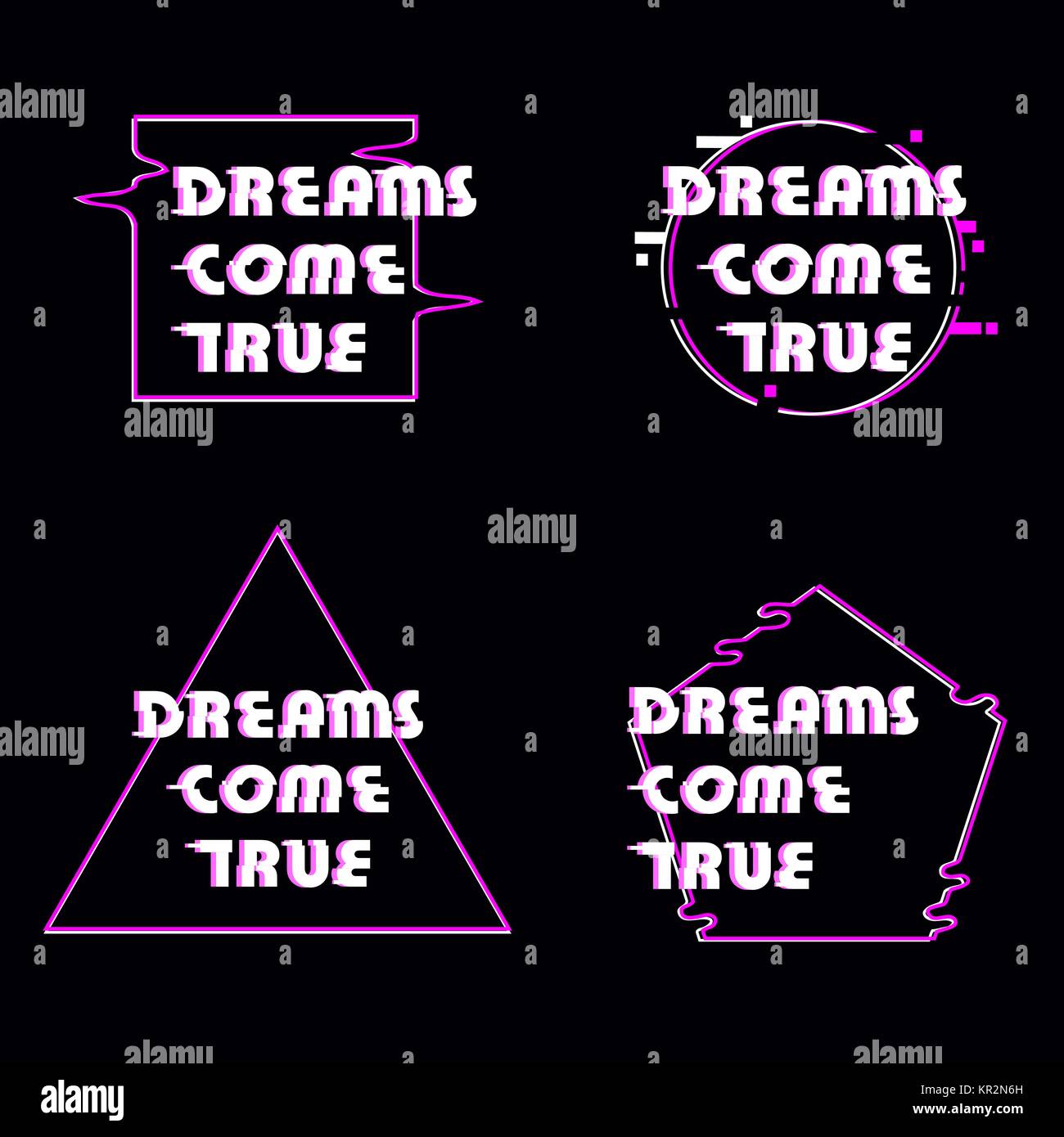 Glitched distorted 8 bit like text dreams come true in different pink geometric figures. Triangle octagonal square and circle. Hack looking letters on Stock Vector