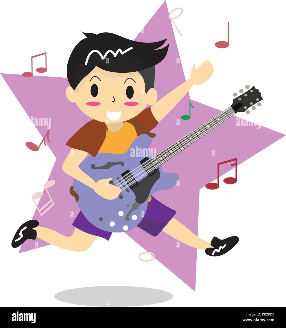 Young boy playing electric jazz guitar Happy Love music Star Background character design illustration vector in cartoon style Stock Vector