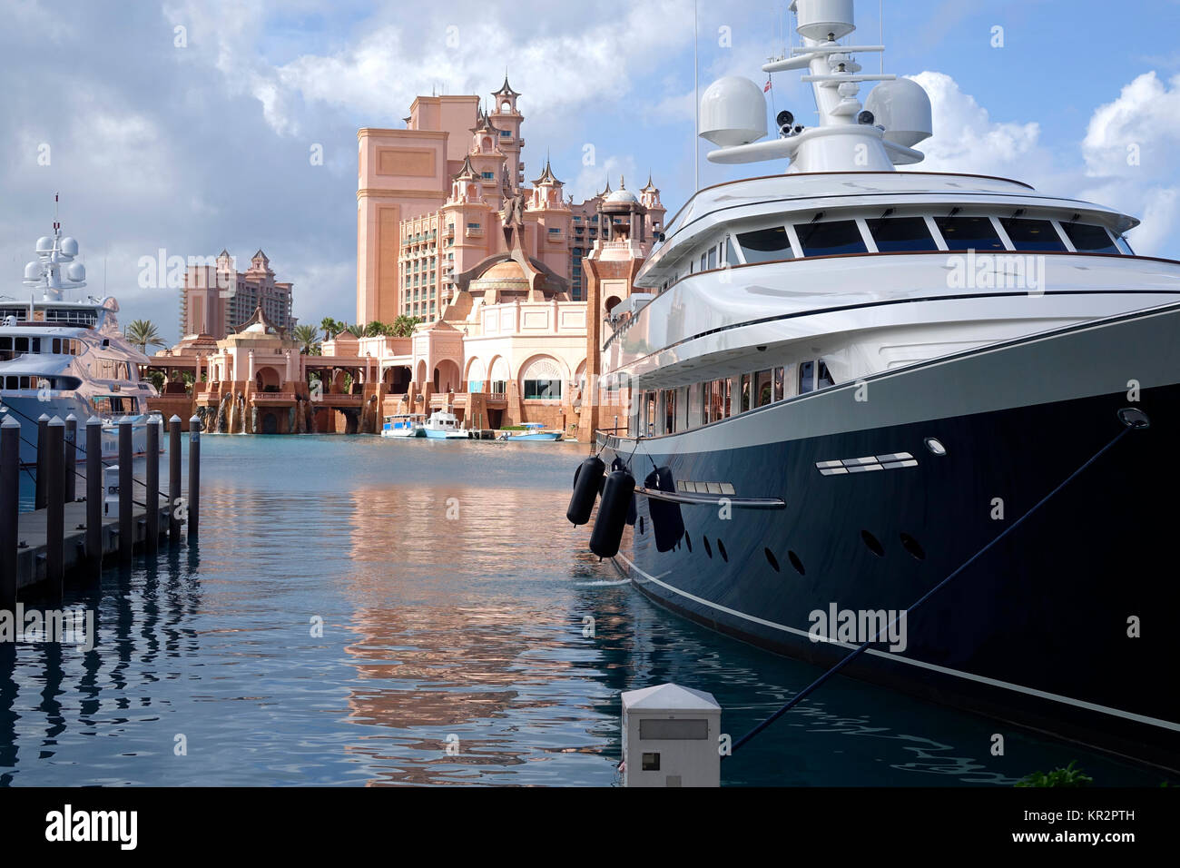 Expensive yachts line the harbor on Paradise Island in front of the