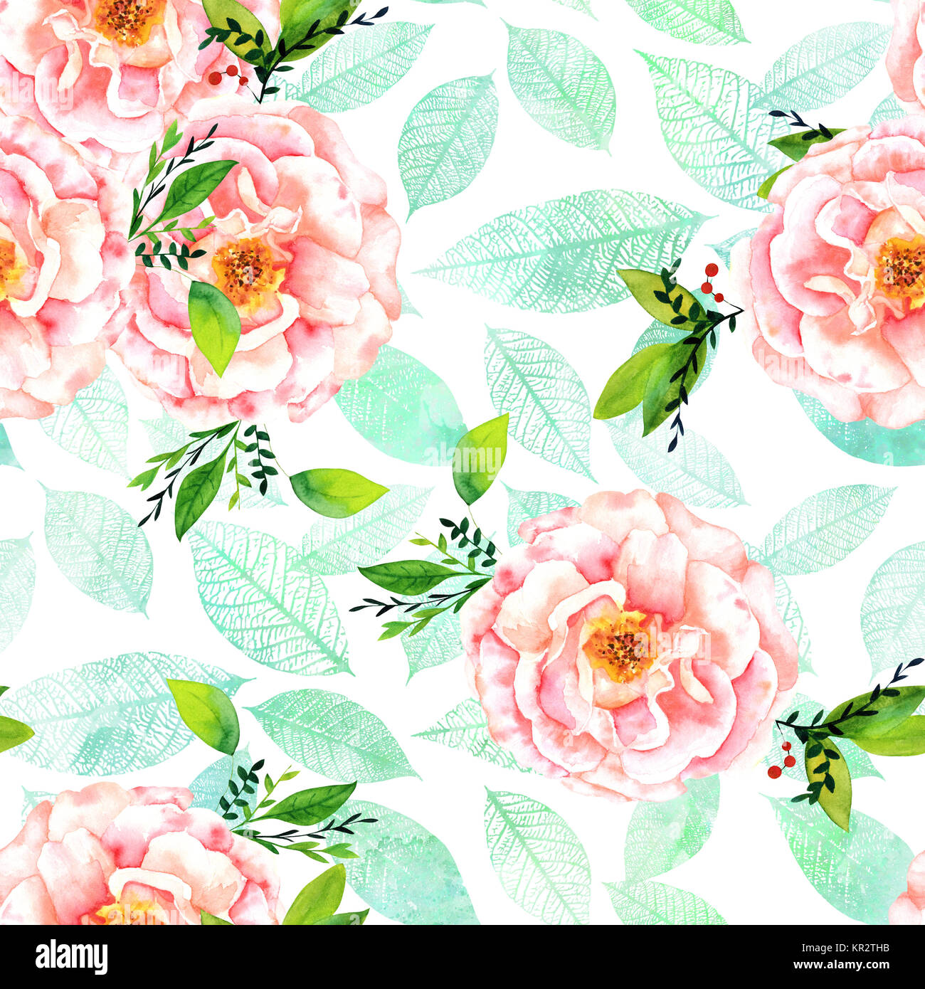 Seamless watercolour rose pattern with teal leaves Stock Photo - Alamy