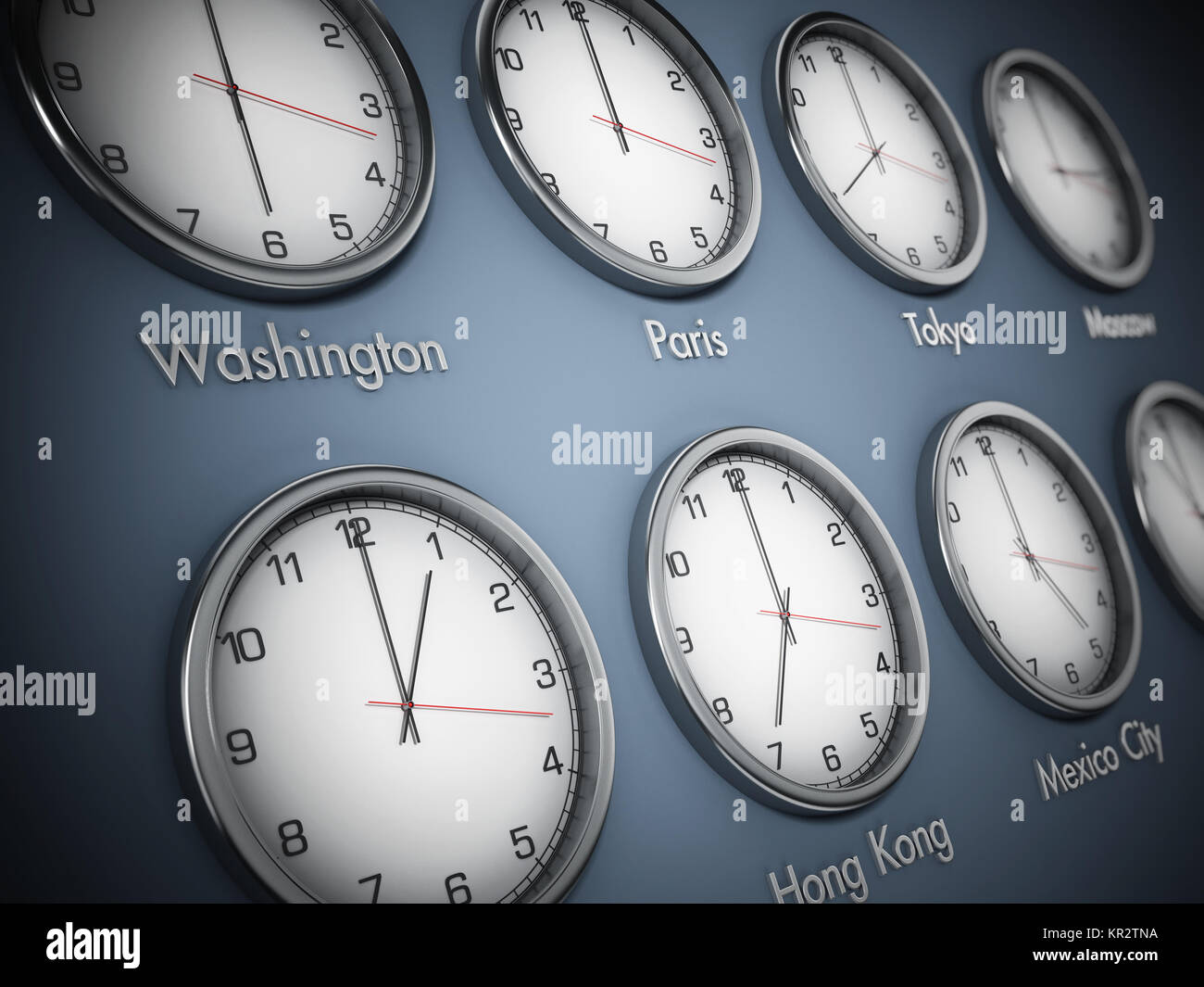 Modern wall clocks showing different time zones of world cities 3d