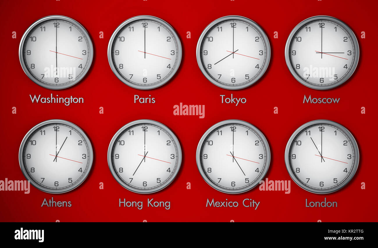 Modern wall clocks showing different time zones of world cities. 3D