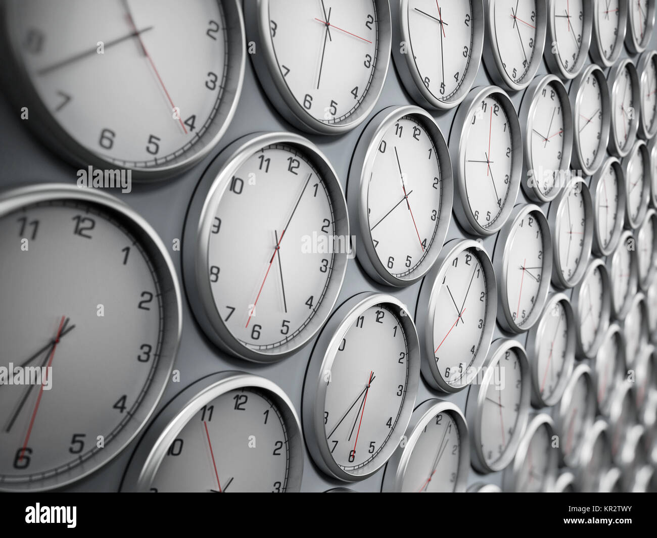 Modern wall clocks showing different time zones of world cities. 3D illustration Stock Photo Alamy