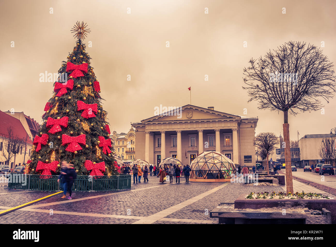 Vilnius, Lithuania: Christmas tree and decorations in Town Hall Square  Stock Photo