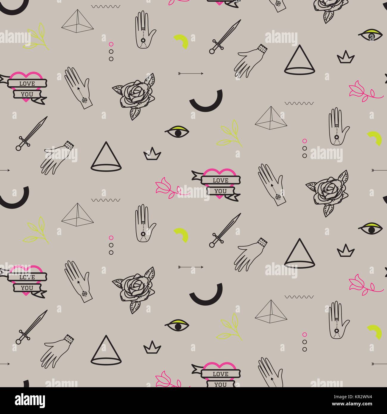 Doodle Hipster Flash Tattoo Style Seamless Beige Vector Pattern Stock Vector Image Art Alamy