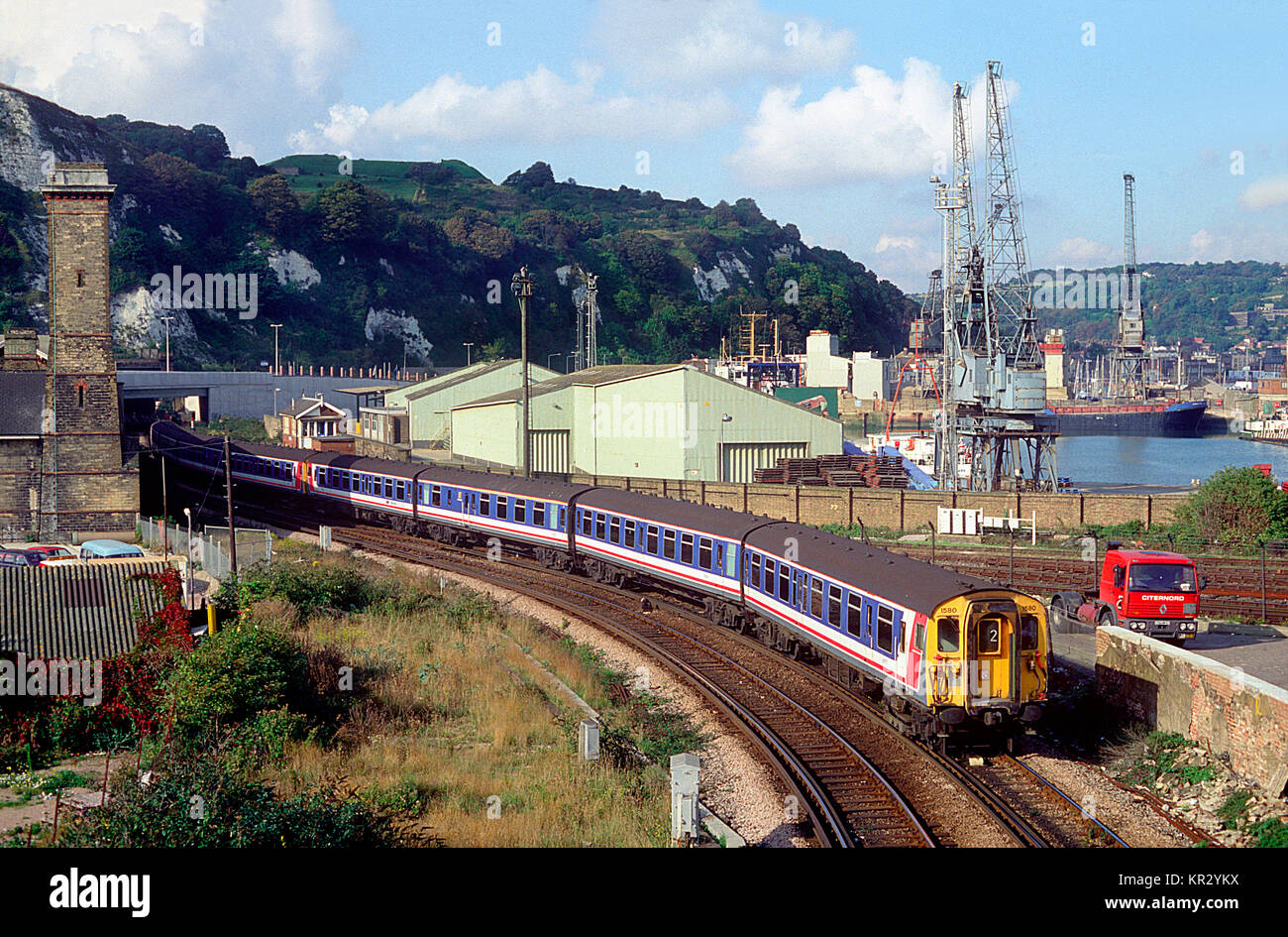 A pair of class 411 4 CEP EMUs with a Network SouthEast service at Hawkesbury Street Junction, Dover. 23rd September 1993. Stock Photo