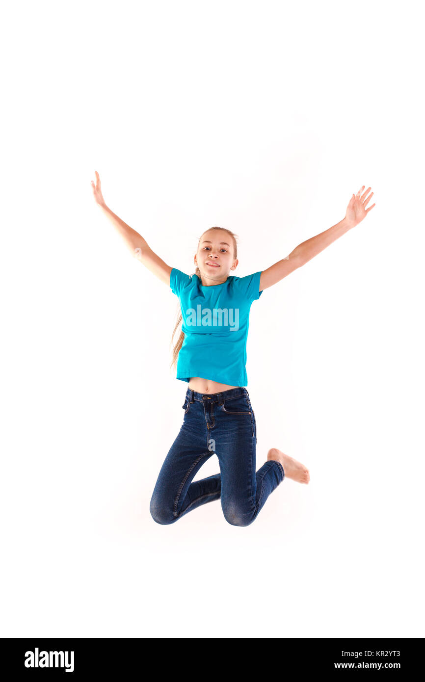 Active happy little girl jumping isolated on white Stock Photo - Alamy