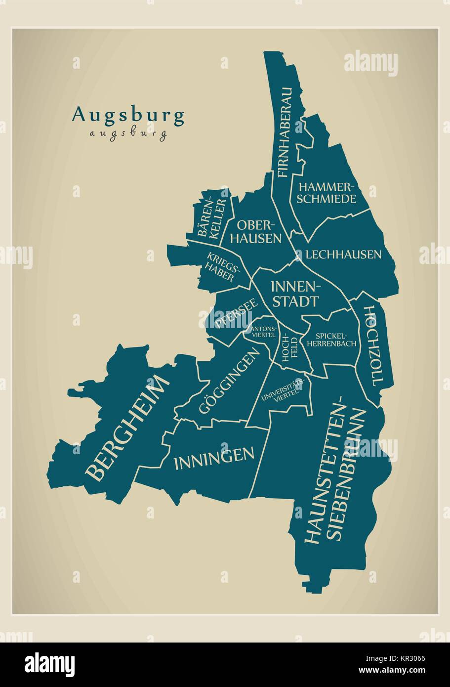 Modern City Map Augsburg city of Germany with boroughs and titles DE