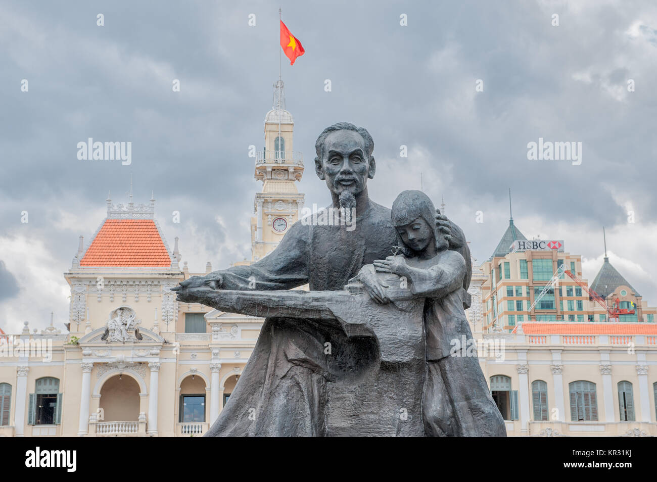 Statue of Ho Chi Minh in front of former Hotel de Ville.  Ho Chi Minh was prime minister of North Vietnam from 1954 – 1969. Stock Photo