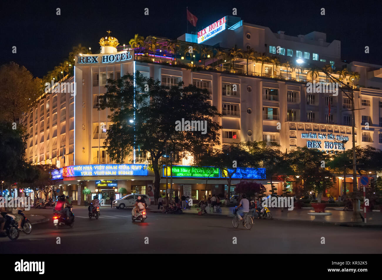 Legendary Rex Hotel by night. This famous hotel was a hangout for war correspondents during the Vietnam war. Stock Photo