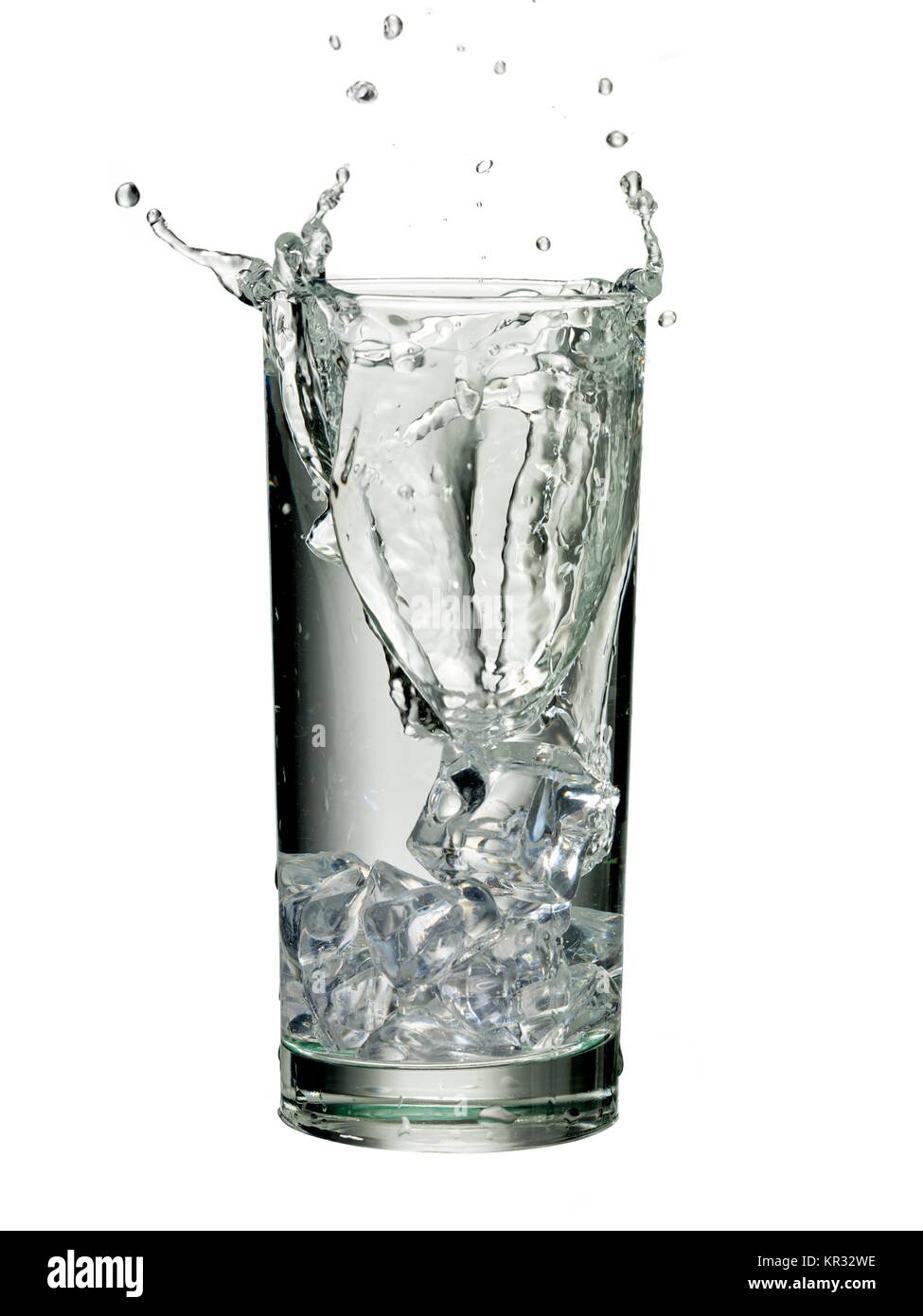 splashing glass of water with ice Stock Photo