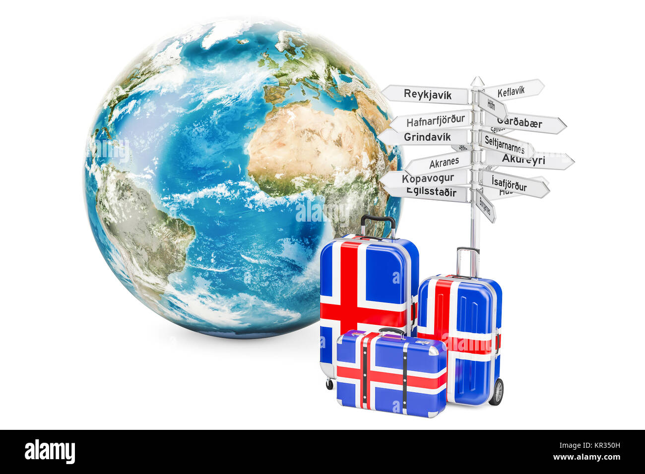Iceland travel concept. Suitcases with signpost and Earth Globe, 3D rendering Stock Photo