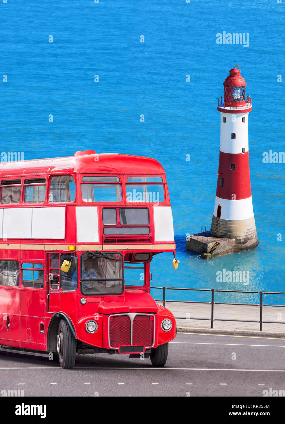 Beachy Head lighthouse with double decker bus in England, Eastbourne, UK Stock Photo